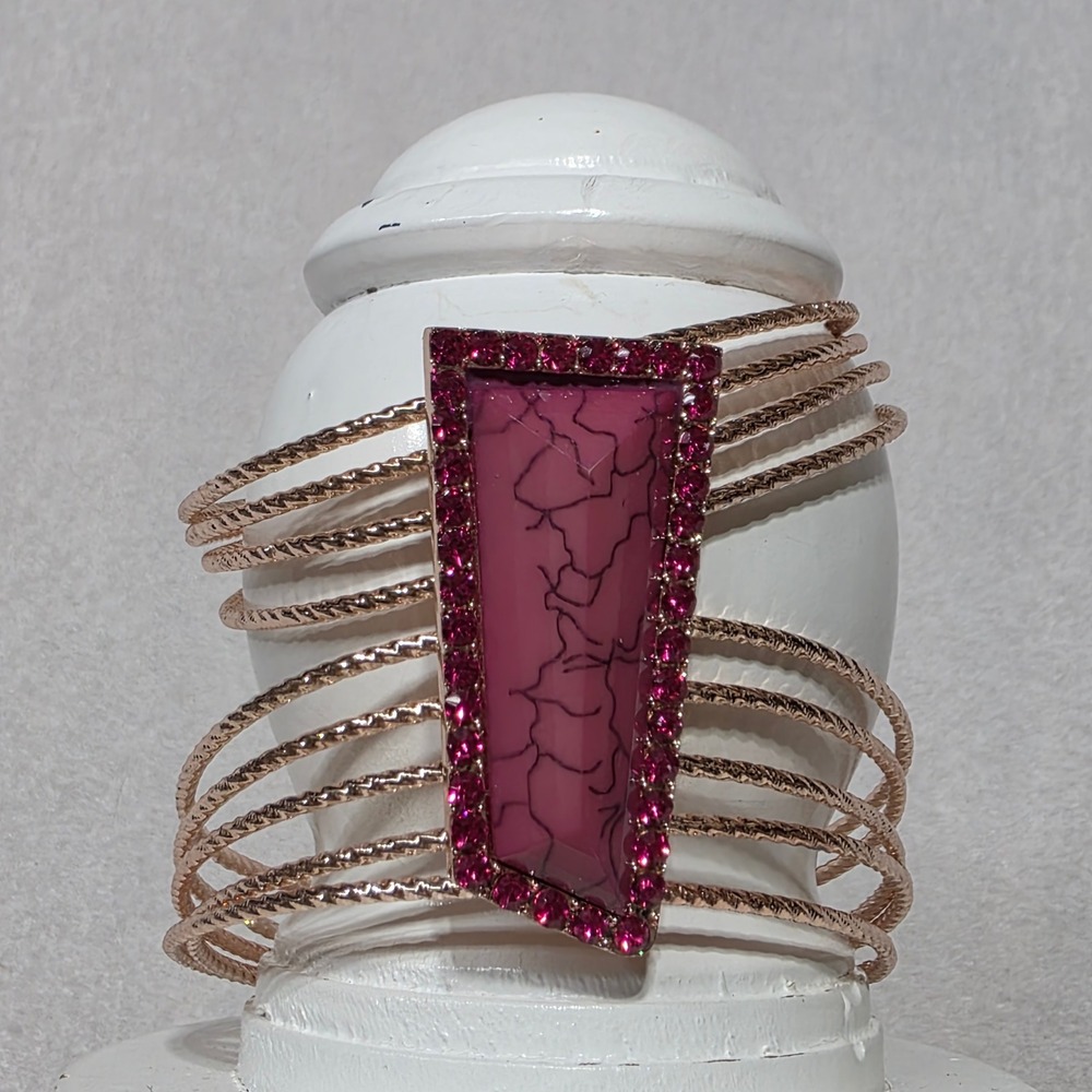 Rose Gold Tone Multi Strand Cuff Bangle Bracelet Pink Stone Rhinestone Accent